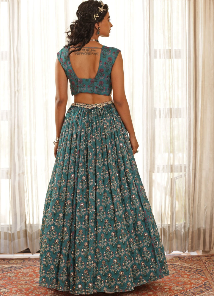 Teal Blue Chiffon Floral Embroidered Lehenga Manisha Soni - Fabilicious Fashion