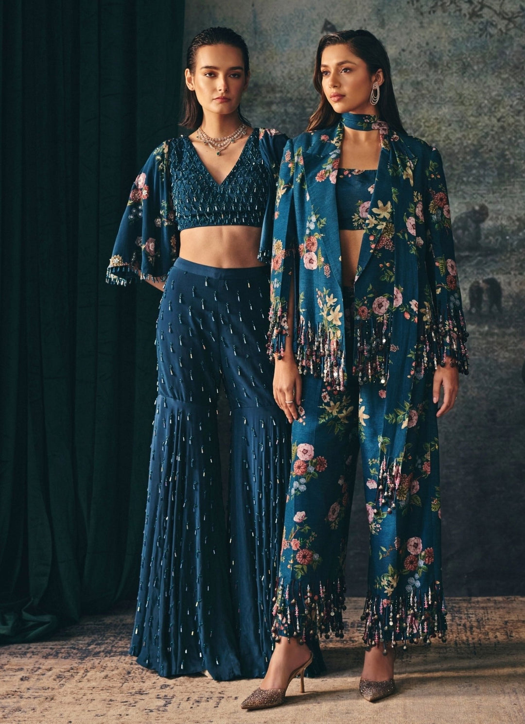 Teal Blue Crepe Blouse Garara Set With Cape Mani Bhatia - Fabilicious Fashion