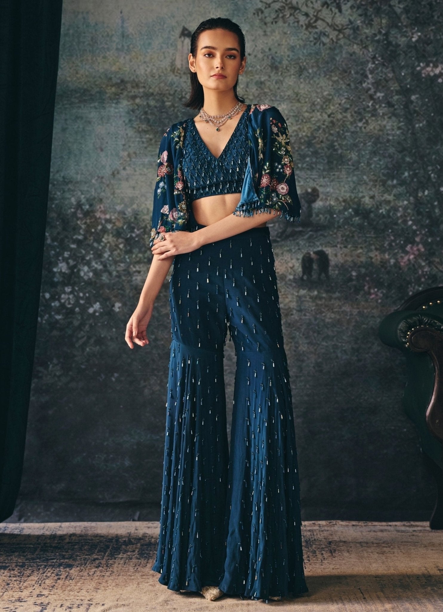 teal blue indowestern garara set with cape for sangeet or reception