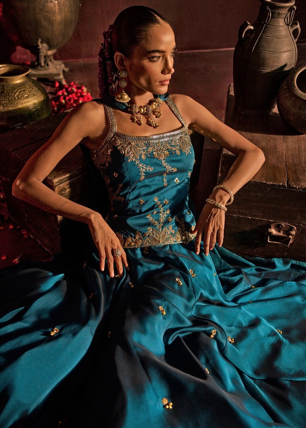 Teal Blue Embroidered Georgette Corset Lehenga Set Prevasu - Fabilicious Fashion