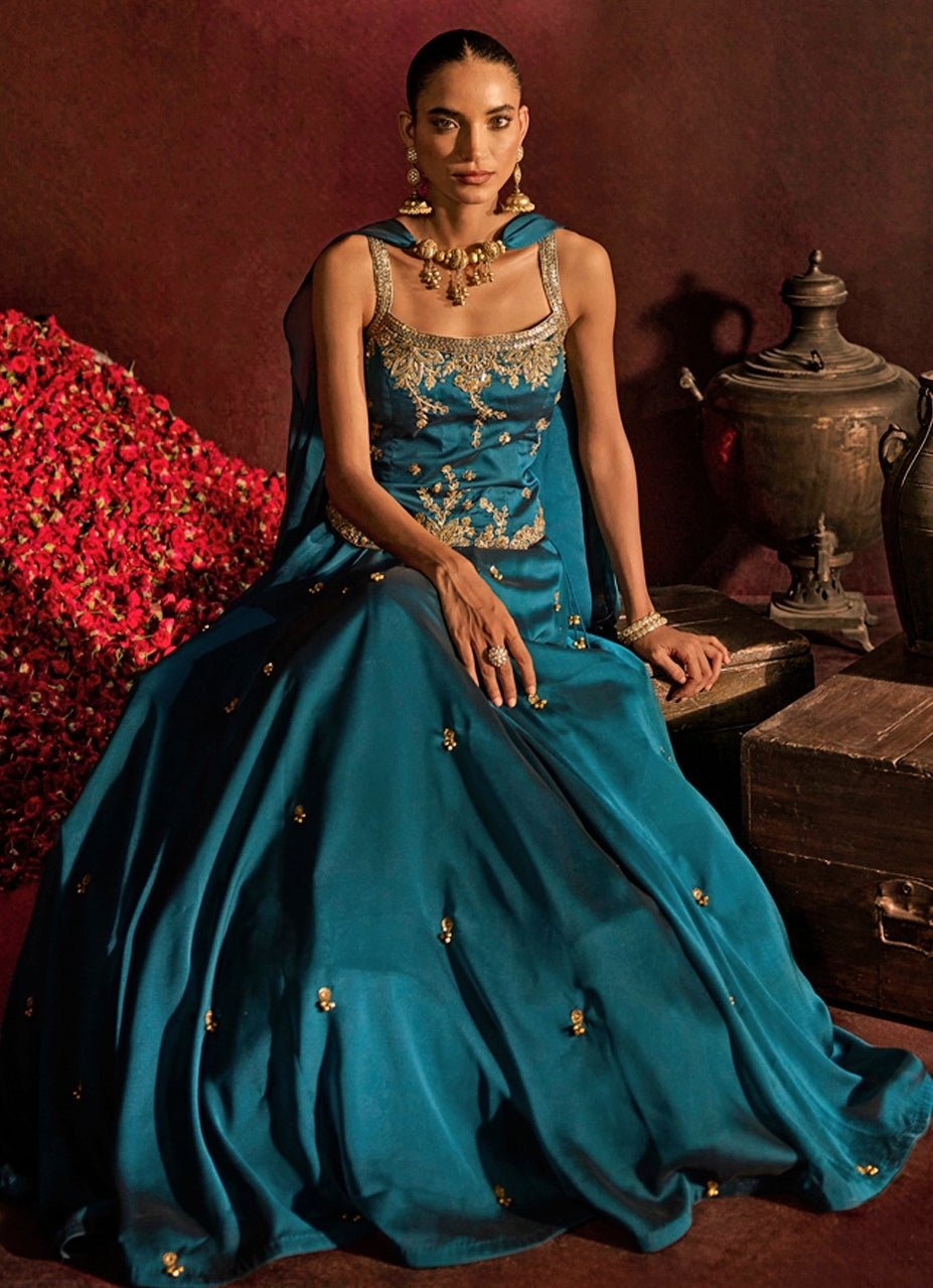 Teal Blue Embroidered Georgette Corset Lehenga Set Prevasu - Fabilicious Fashion