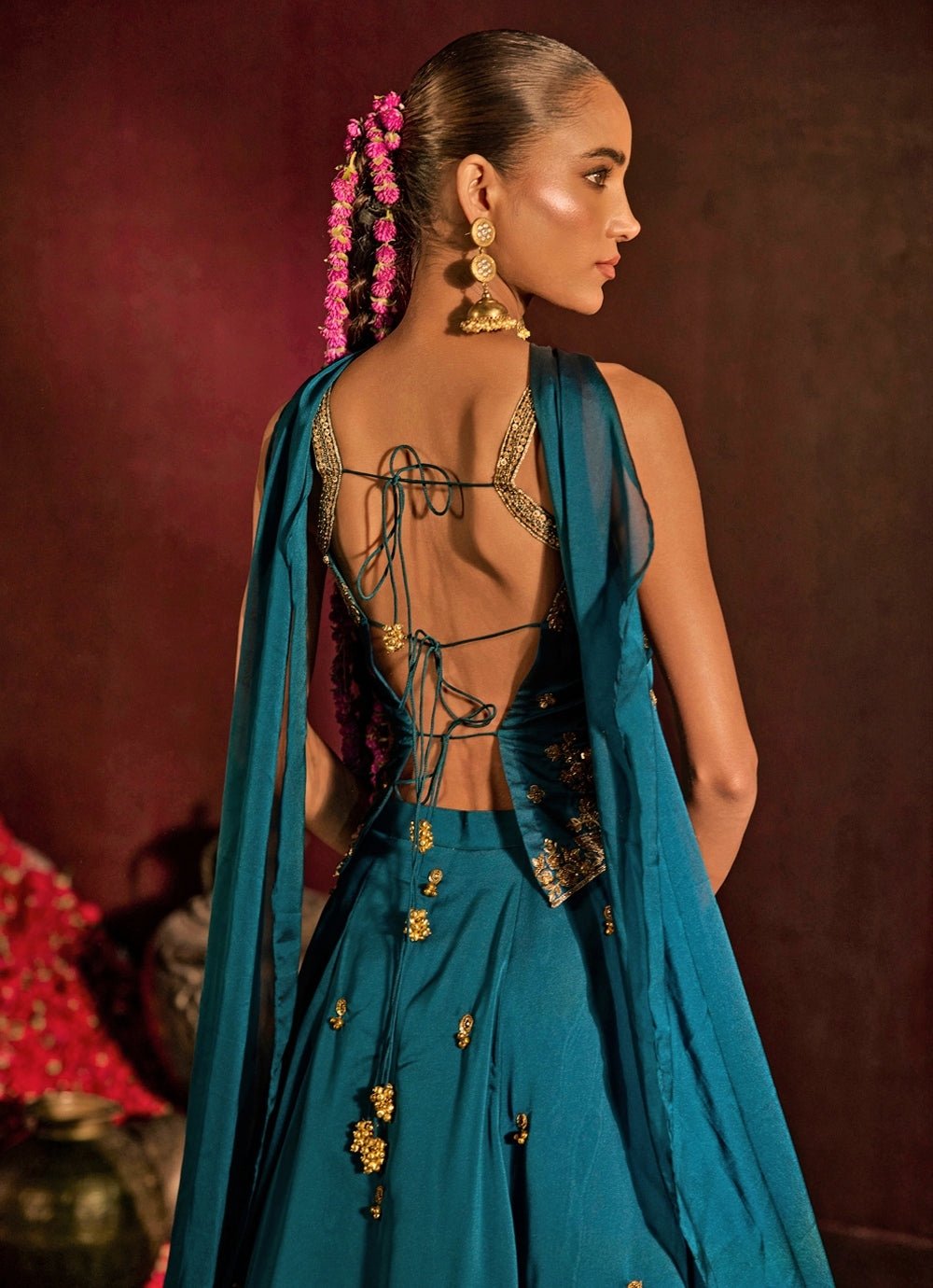 Teal Blue Embroidered Georgette Corset Lehenga Set Prevasu - Fabilicious Fashion