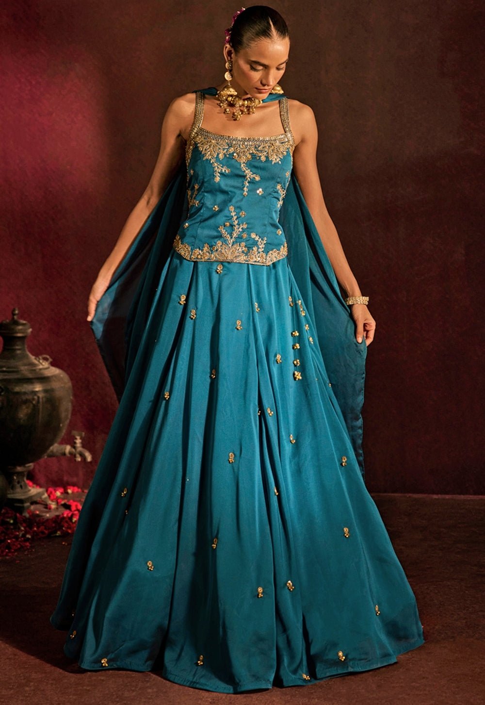 Teal Blue Embroidered Georgette Corset Lehenga Set Prevasu - Fabilicious Fashion