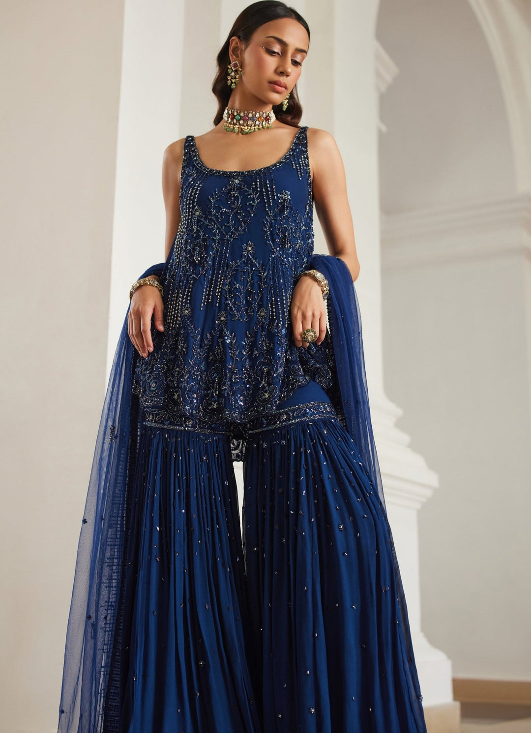 Teal Blue Embroidered Georgette Kurta Sharara Set Sanya Gulati - Fabilicious Fashion