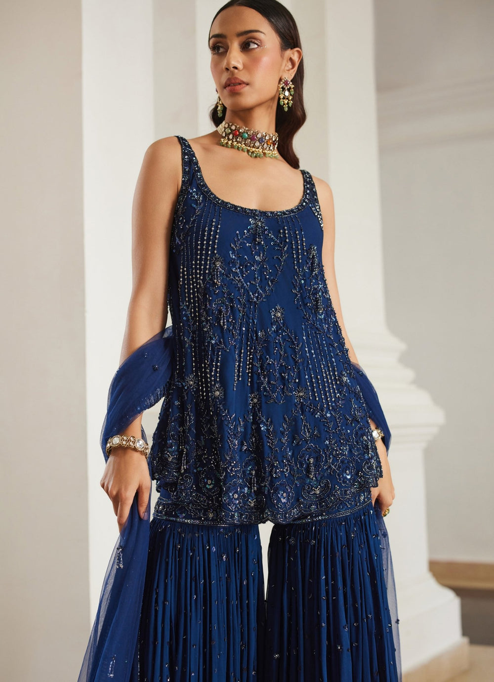Teal Blue Embroidered Georgette Kurta Sharara Set Sanya Gulati - Fabilicious Fashion