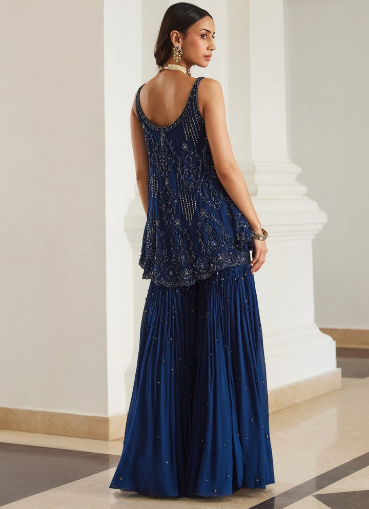 Teal Blue Embroidered Georgette Kurta Sharara Set Sanya Gulati - Fabilicious Fashion