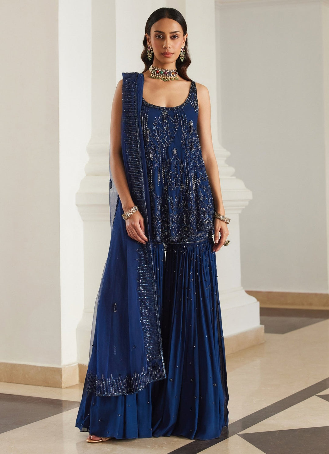 Teal Blue Embroidered Georgette Kurta Sharara Set Sanya Gulati - Fabilicious Fashion
