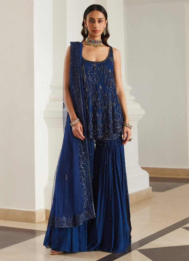 Teal Blue Embroidered Georgette Kurta Sharara Set Sanya Gulati - Fabilicious Fashion