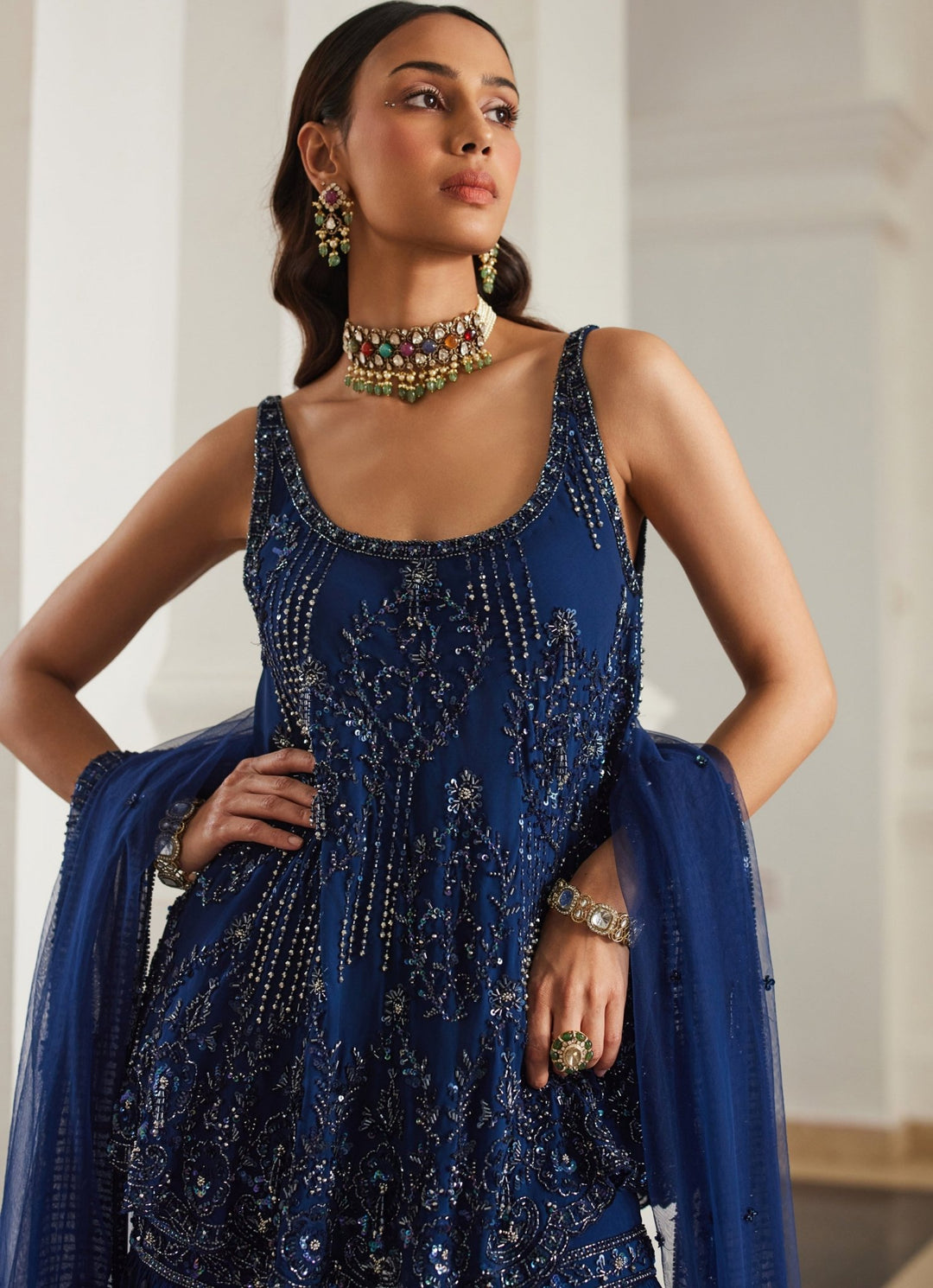 Teal Blue Embroidered Georgette Kurta Sharara Set Sanya Gulati - Fabilicious Fashion