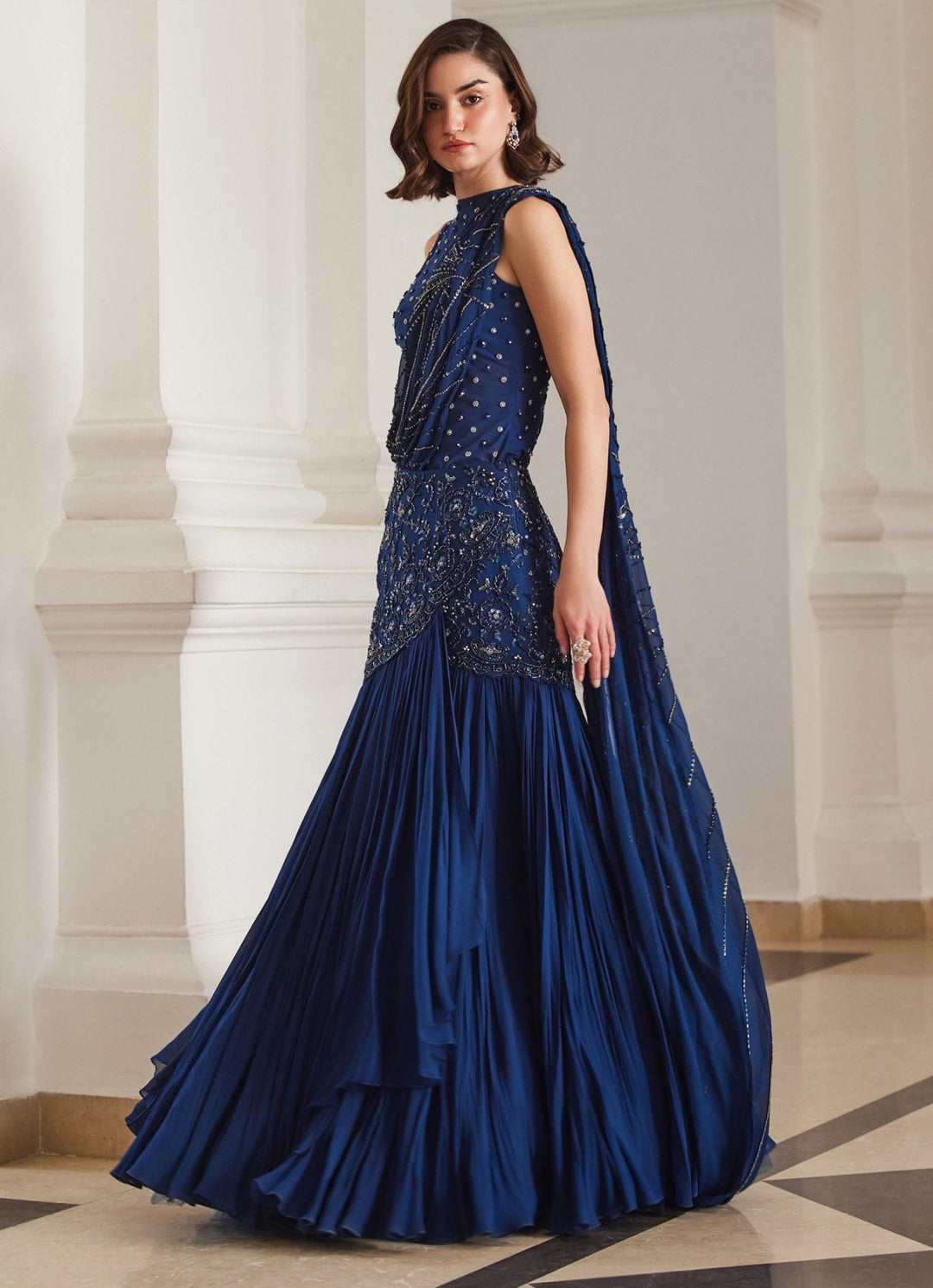 Teal Blue Embroidered Georgette Predraped Saree Sanya Gulati - Fabilicious Fashion