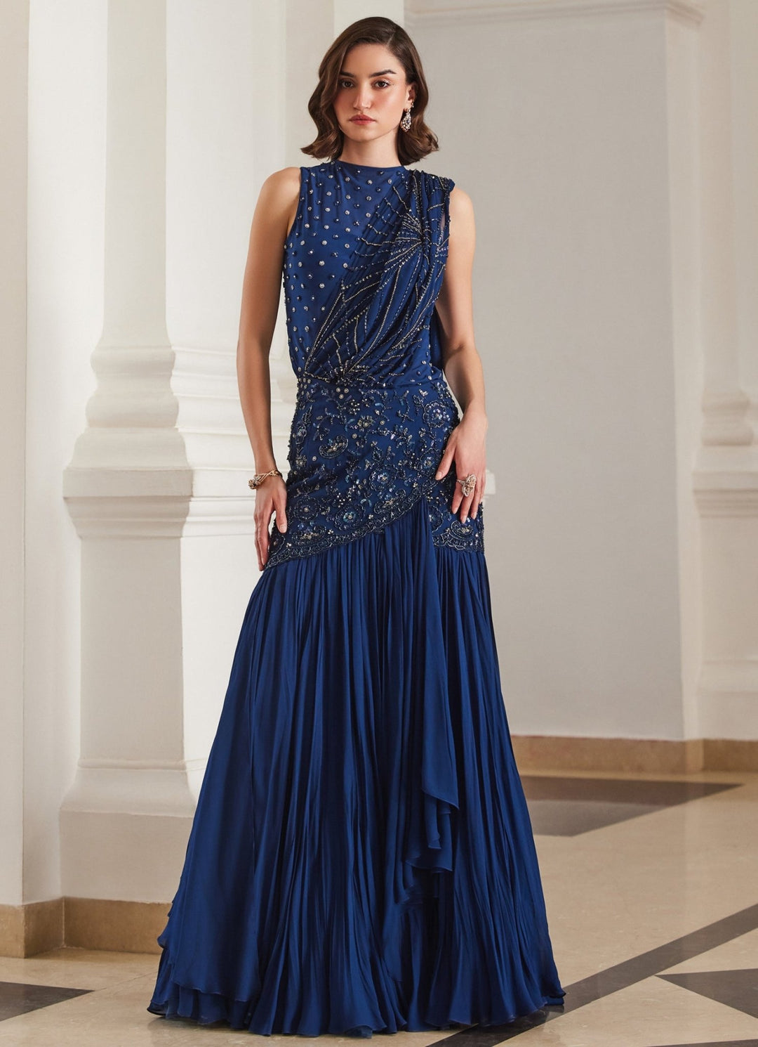 Teal Blue Embroidered Georgette Predraped Saree Sanya Gulati - Fabilicious Fashion