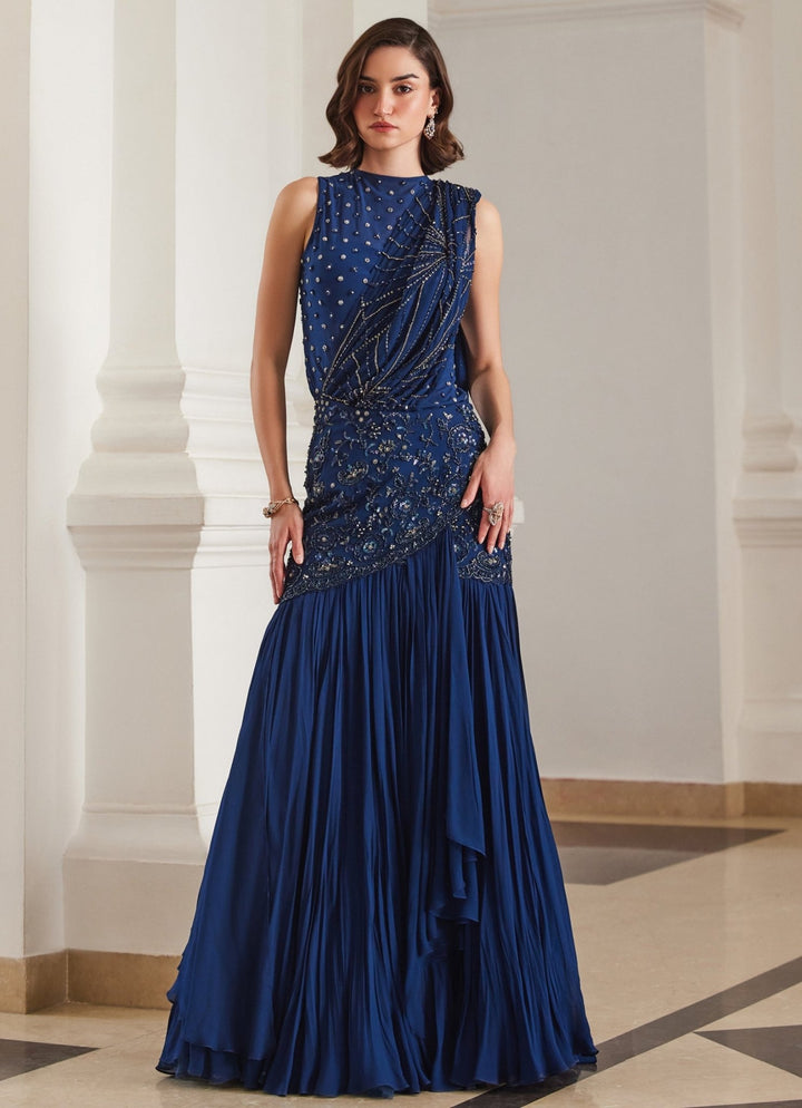 Teal Blue Embroidered Georgette Predraped Saree Sanya Gulati - Fabilicious Fashion