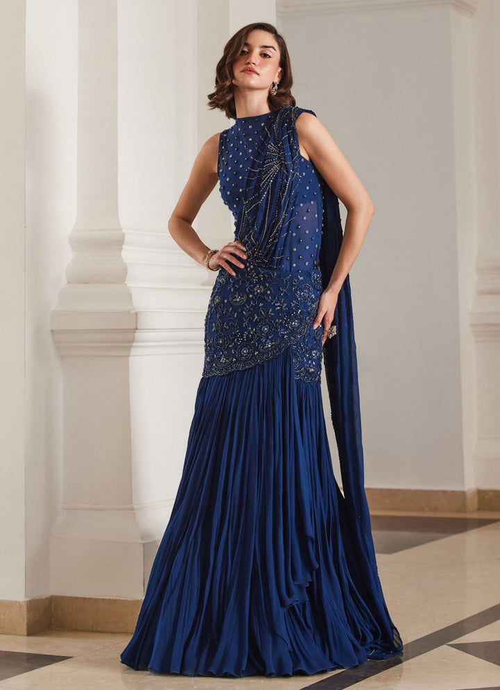 Teal Blue Embroidered Georgette Predraped Saree Sanya Gulati - Fabilicious Fashion
