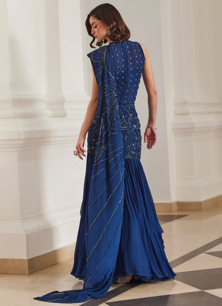 Teal Blue Embroidered Georgette Predraped Saree Sanya Gulati - Fabilicious Fashion