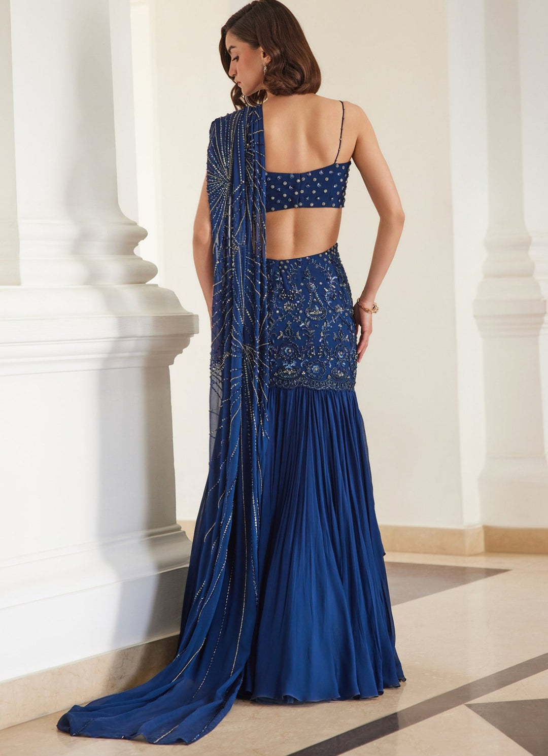 Teal Blue Embroidered Georgette Saree With Bustier Sanya Gulati - Fabilicious Fashion