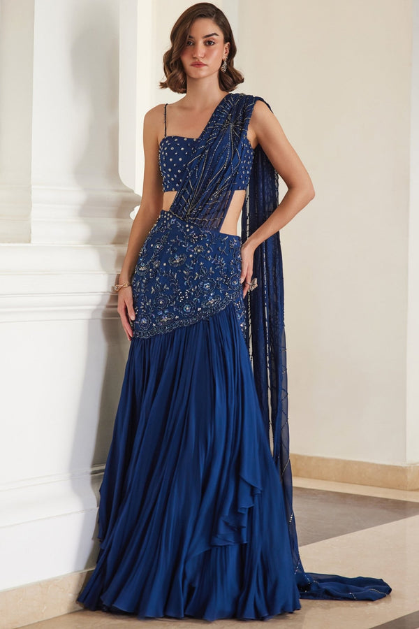 Teal blue embroidered georgette corset bustier saree by Sanya Gulati