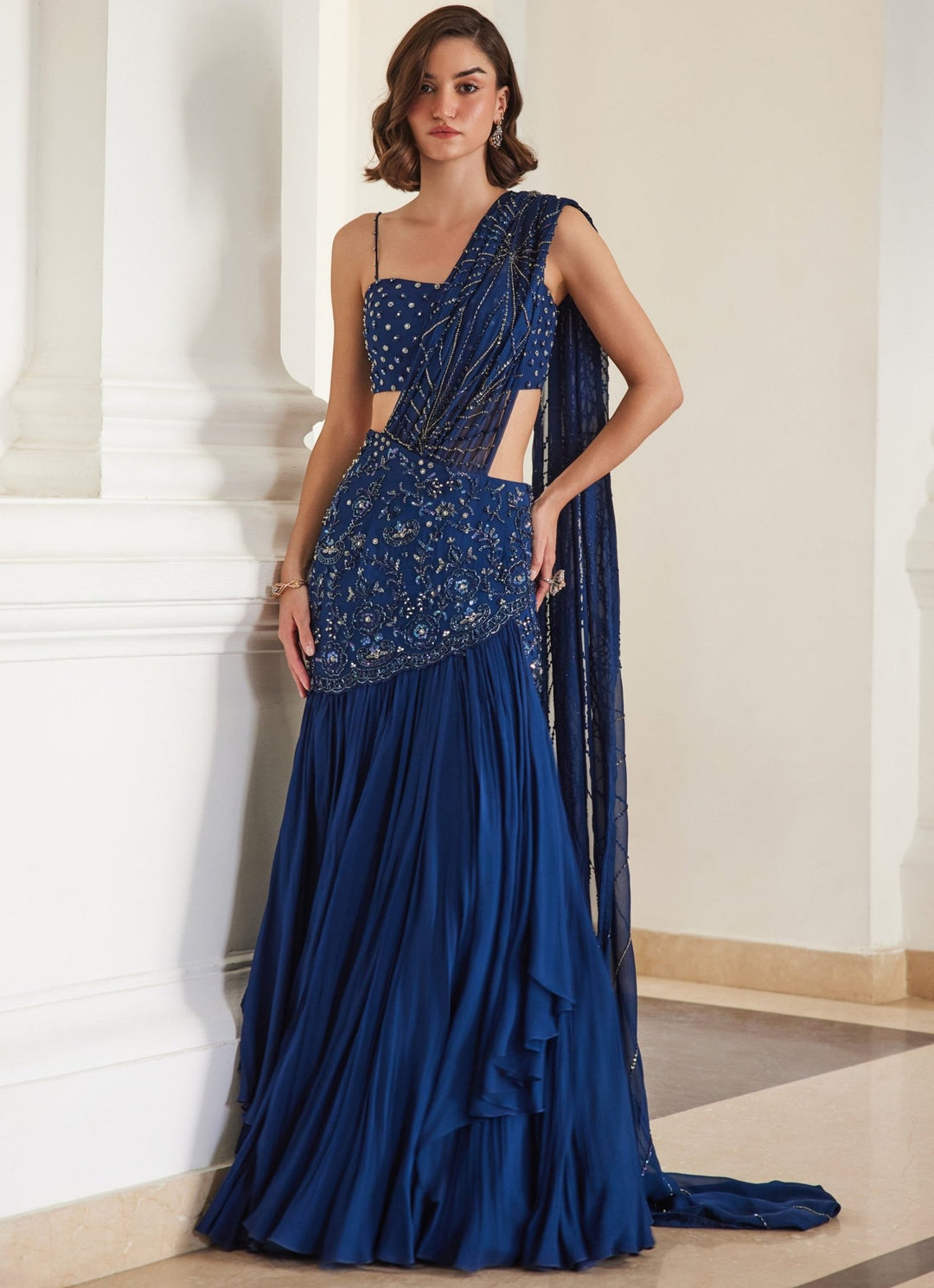 Teal Blue Embroidered Georgette Saree With Bustier Sanya Gulati - Fabilicious Fashion