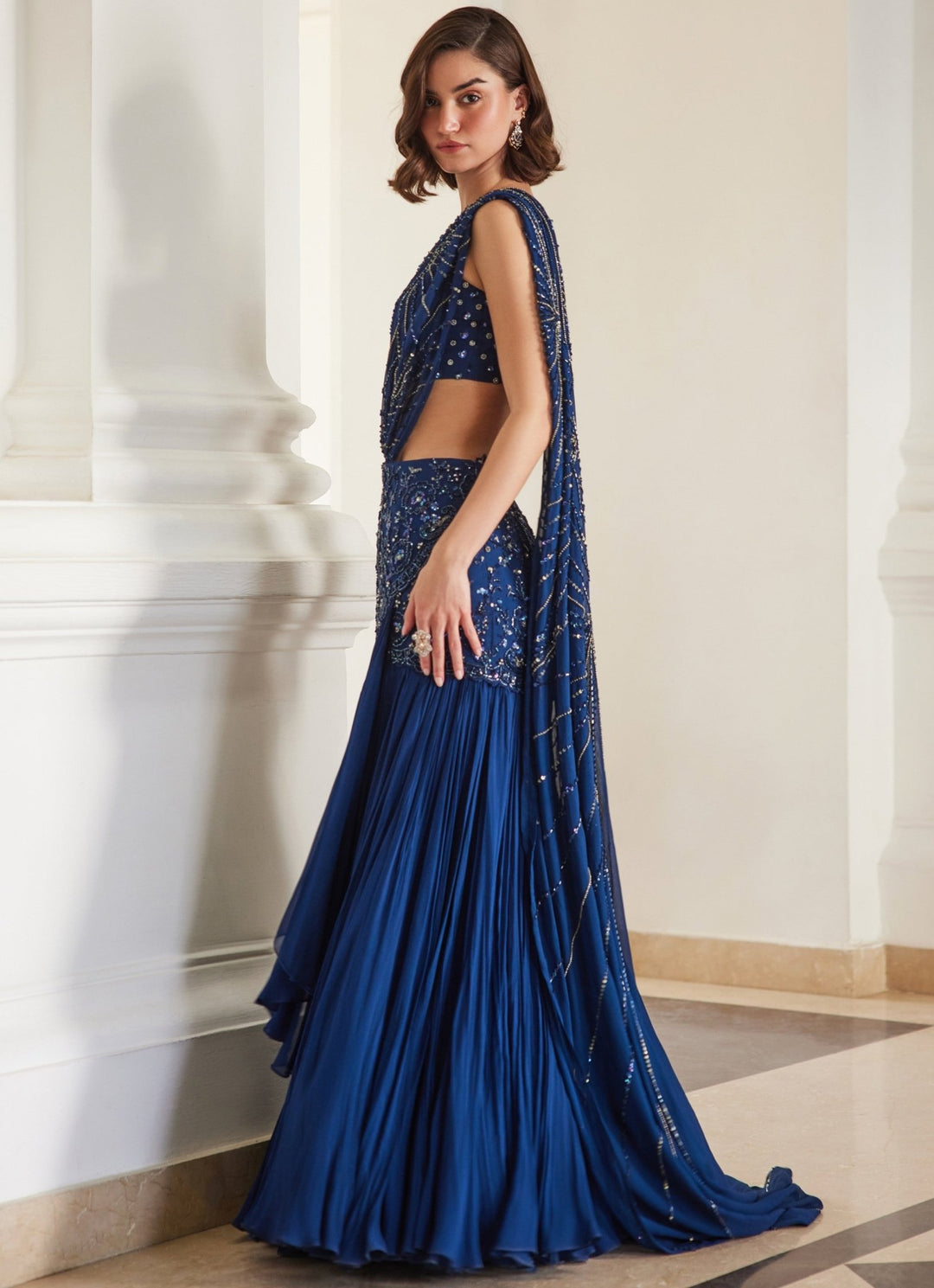 Teal Blue Embroidered Georgette Saree With Bustier Sanya Gulati - Fabilicious Fashion