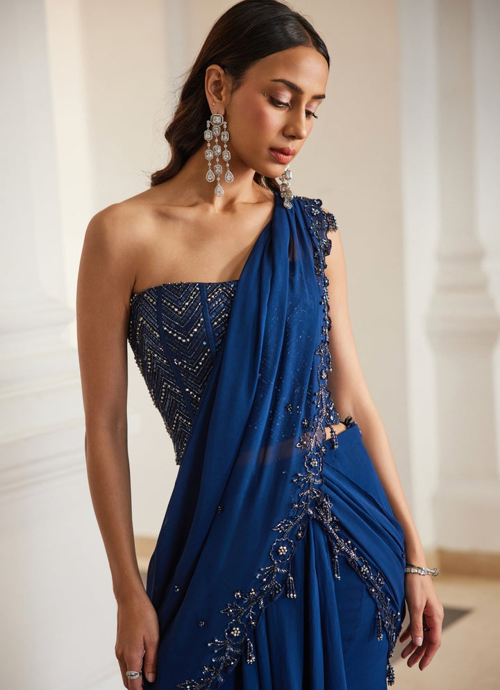 Teal Blue Embroidered Georgette Saree With Corset Sanya Gulati - Fabilicious Fashion