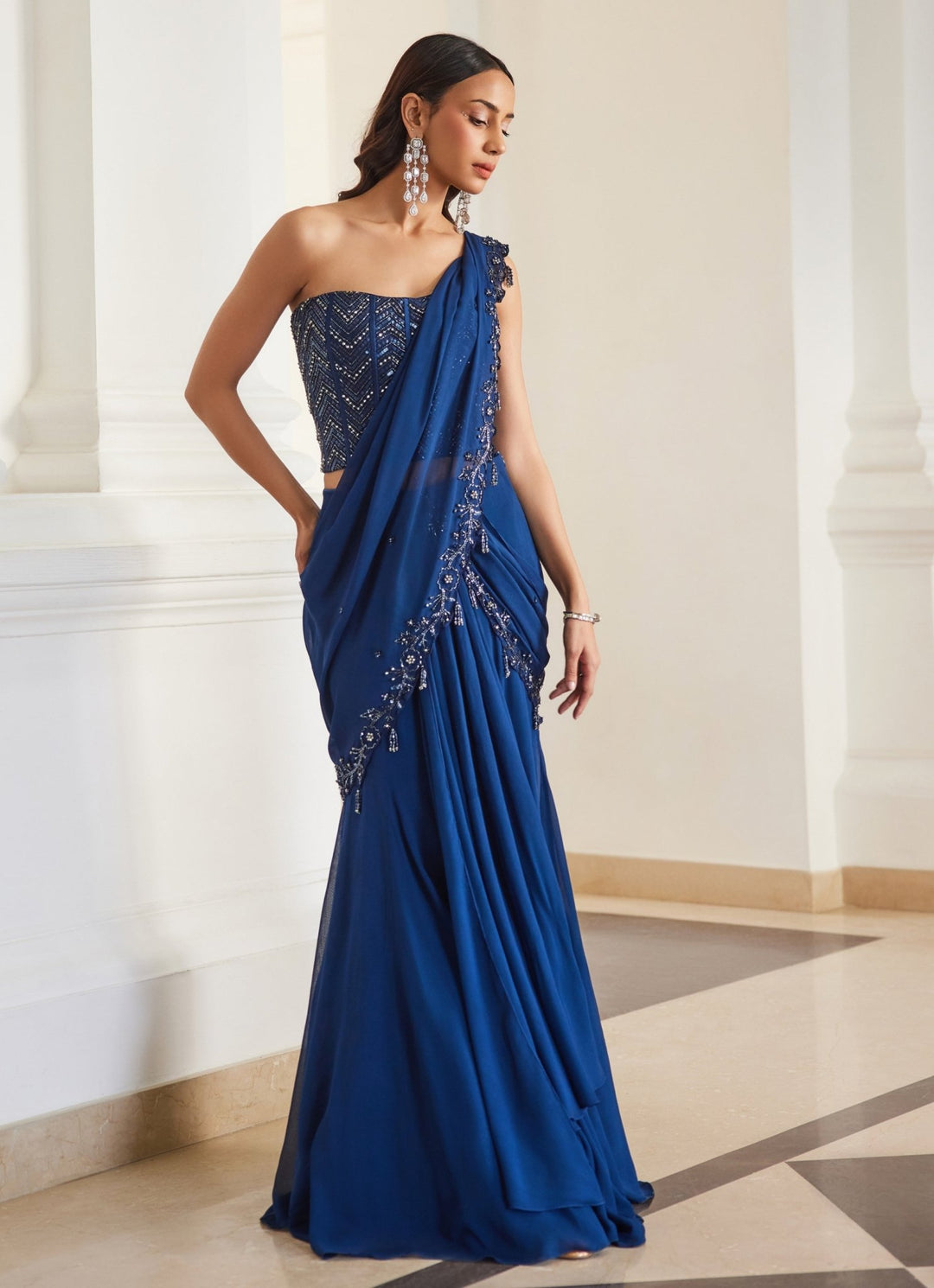 Teal Blue Embroidered Georgette Saree With Corset Sanya Gulati - Fabilicious Fashion