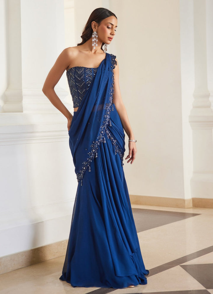 Teal Blue Embroidered Georgette Saree With Corset Sanya Gulati - Fabilicious Fashion