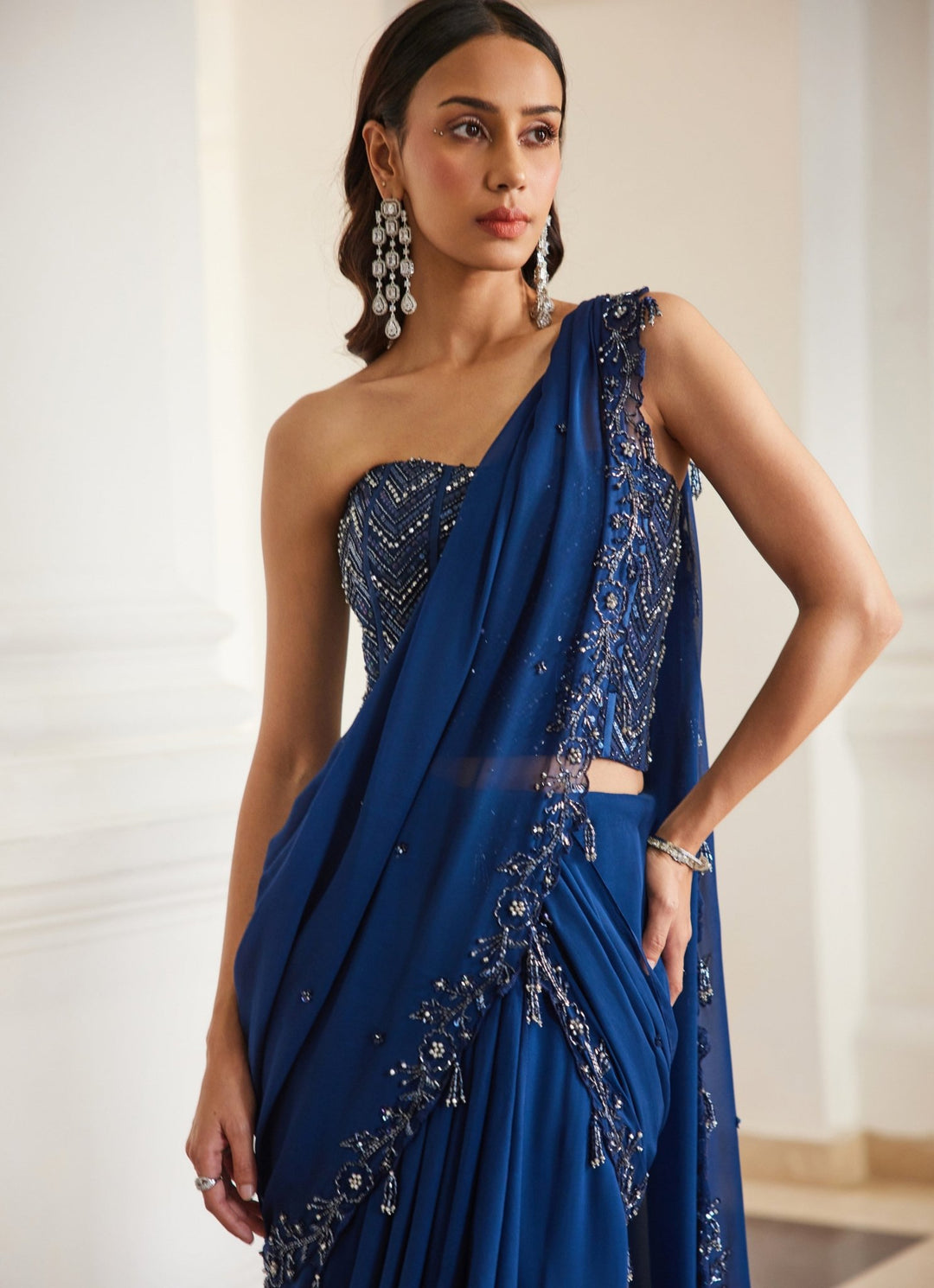 Teal Blue Embroidered Georgette Saree With Corset Sanya Gulati - Fabilicious Fashion