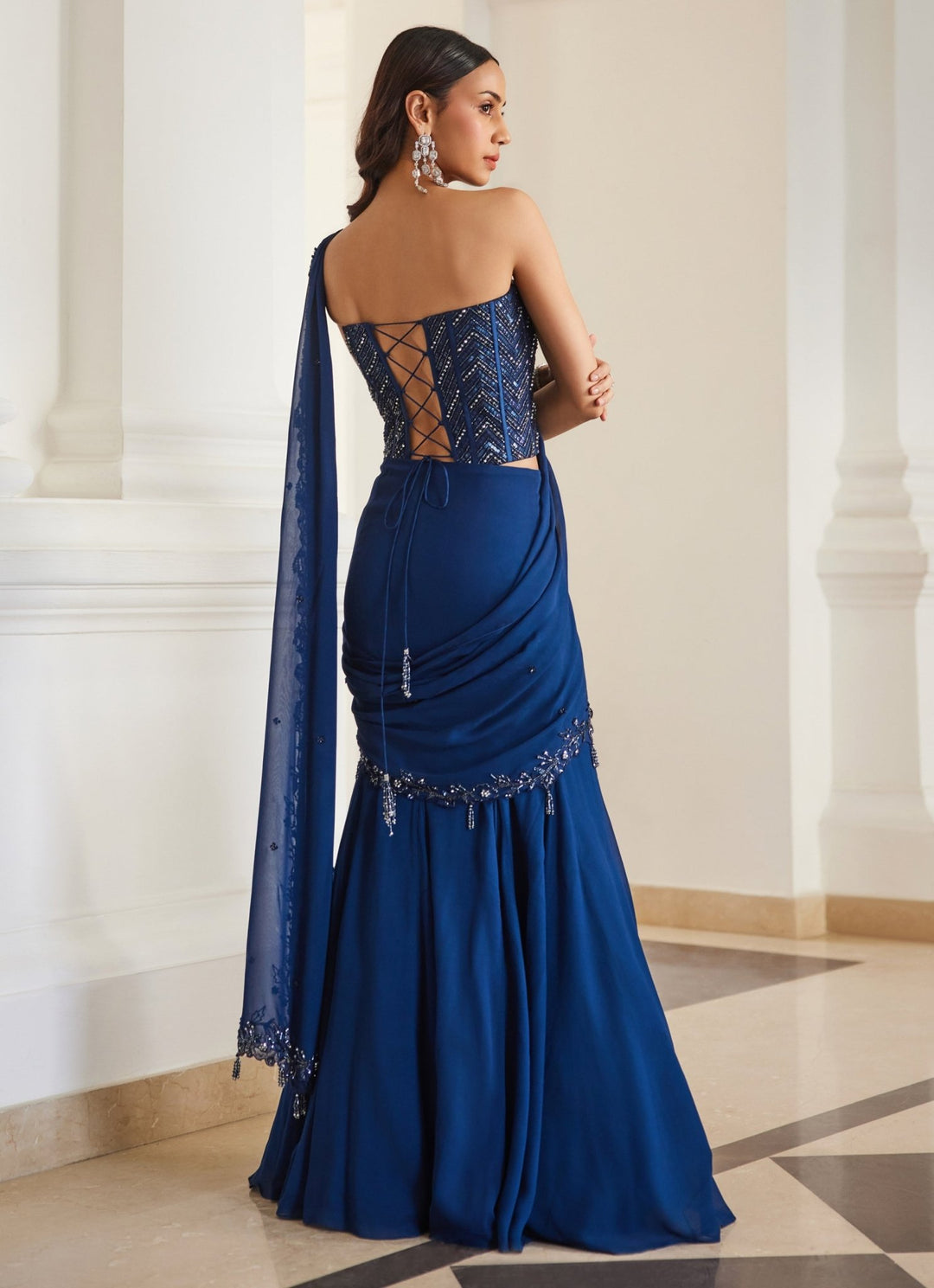Teal Blue Embroidered Georgette Saree With Corset Sanya Gulati - Fabilicious Fashion