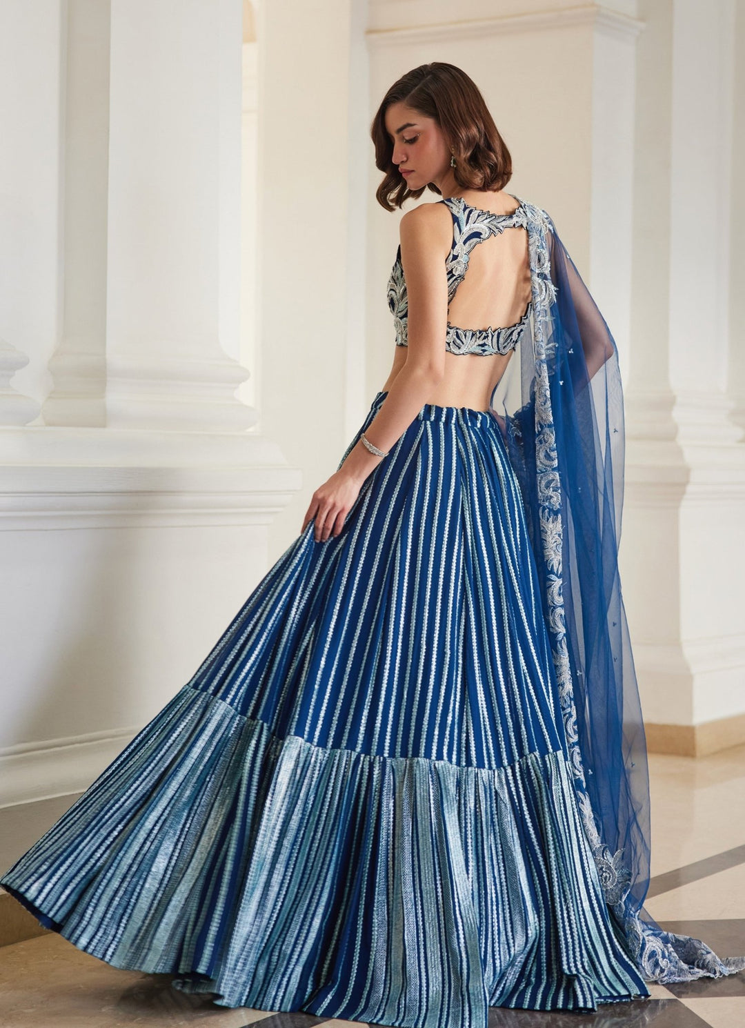 Teal Blue Embroidered Georgette Tiered Lehenga Set Sanya Gulati - Fabilicious Fashion