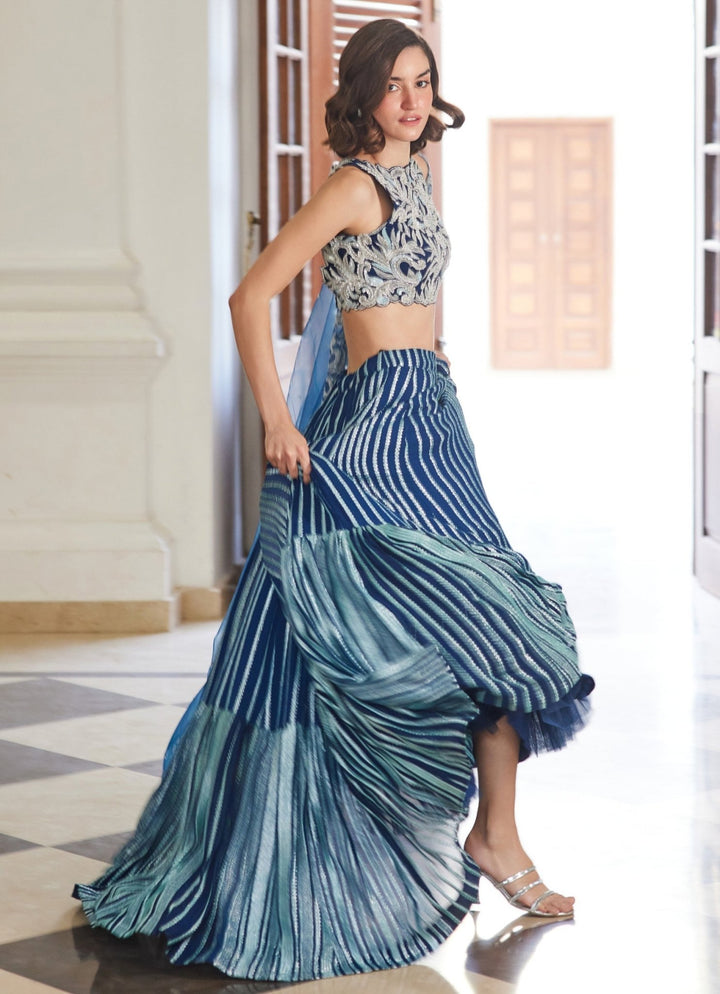 Teal Blue Embroidered Georgette Tiered Lehenga Set Sanya Gulati - Fabilicious Fashion