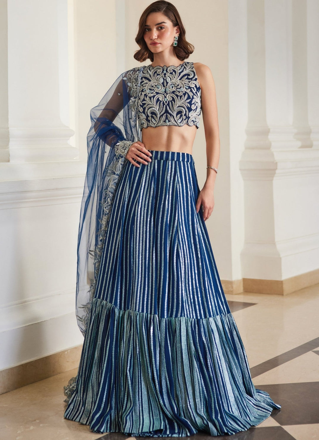 Teal Blue Embroidered Georgette Tiered Lehenga Set Sanya Gulati - Fabilicious Fashion
