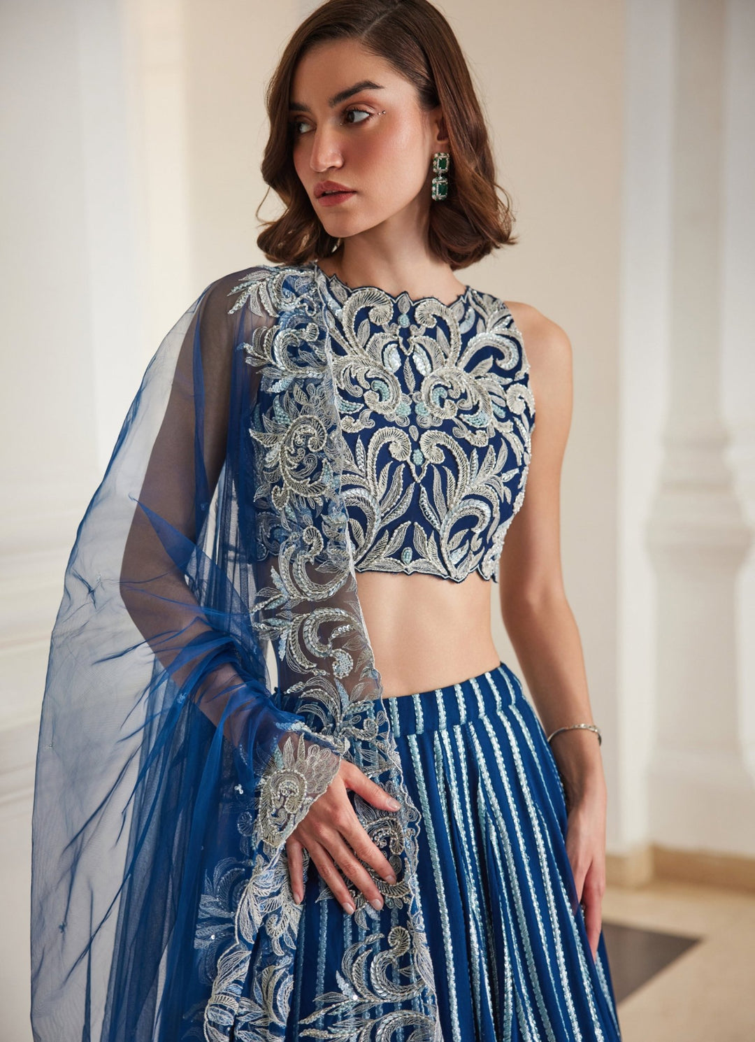 Teal Blue Embroidered Georgette Tiered Lehenga Set Sanya Gulati - Fabilicious Fashion