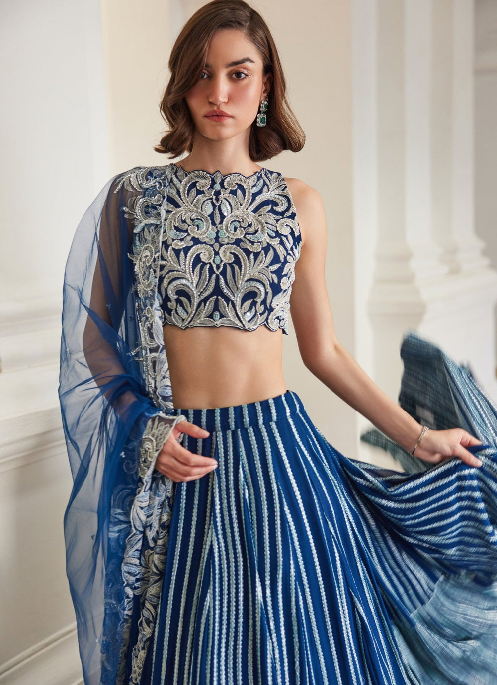Teal Blue Embroidered Georgette Tiered Lehenga Set Sanya Gulati - Fabilicious Fashion