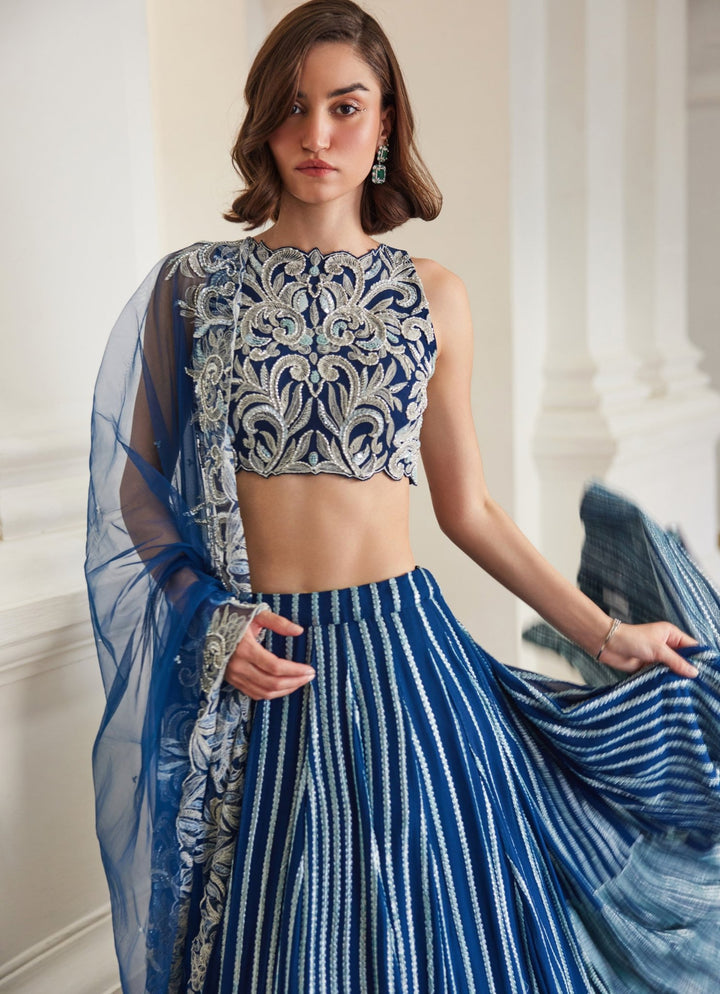 Teal Blue Embroidered Georgette Tiered Lehenga Set Sanya Gulati - Fabilicious Fashion