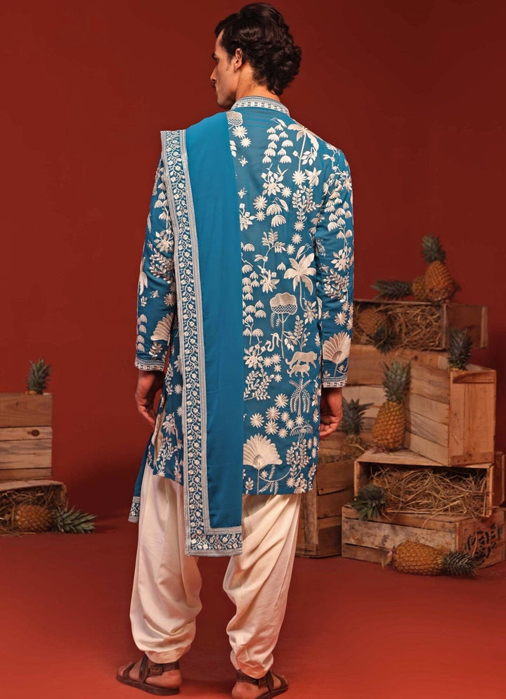 Teal Blue Embroidered Kurta Patiala Pant Set Kalpraag - Fabilicious Fashion