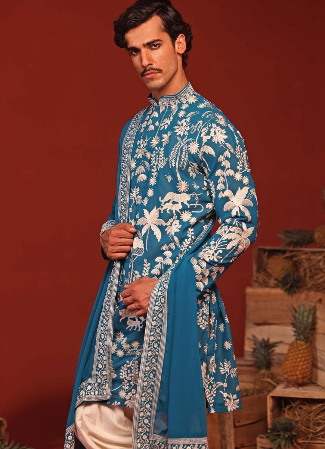 Teal Blue Embroidered Kurta Patiala Pant Set Kalpraag - Fabilicious Fashion