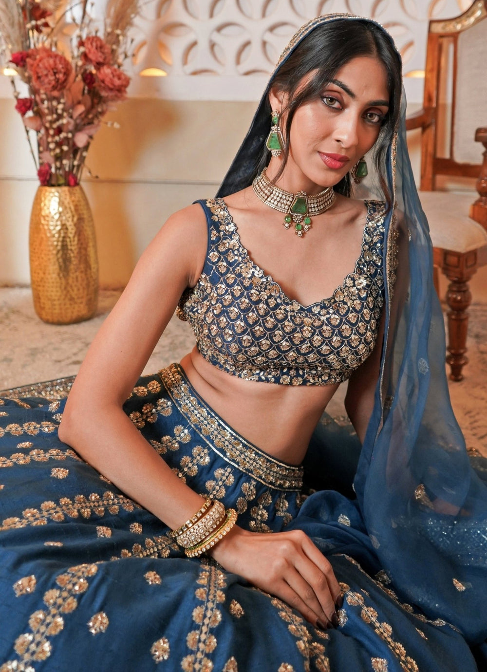 Teal Blue Embroidered Silk Lehenga Set Esha Koul - Fabilicious Fashion