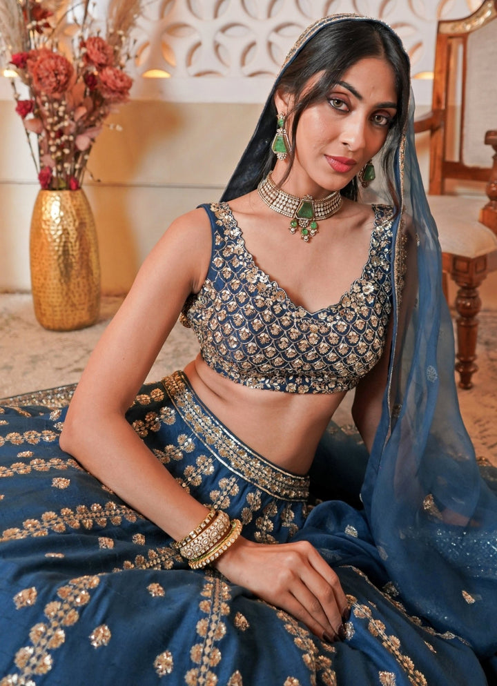 Teal Blue Embroidered Silk Lehenga Set Esha Koul - Fabilicious Fashion