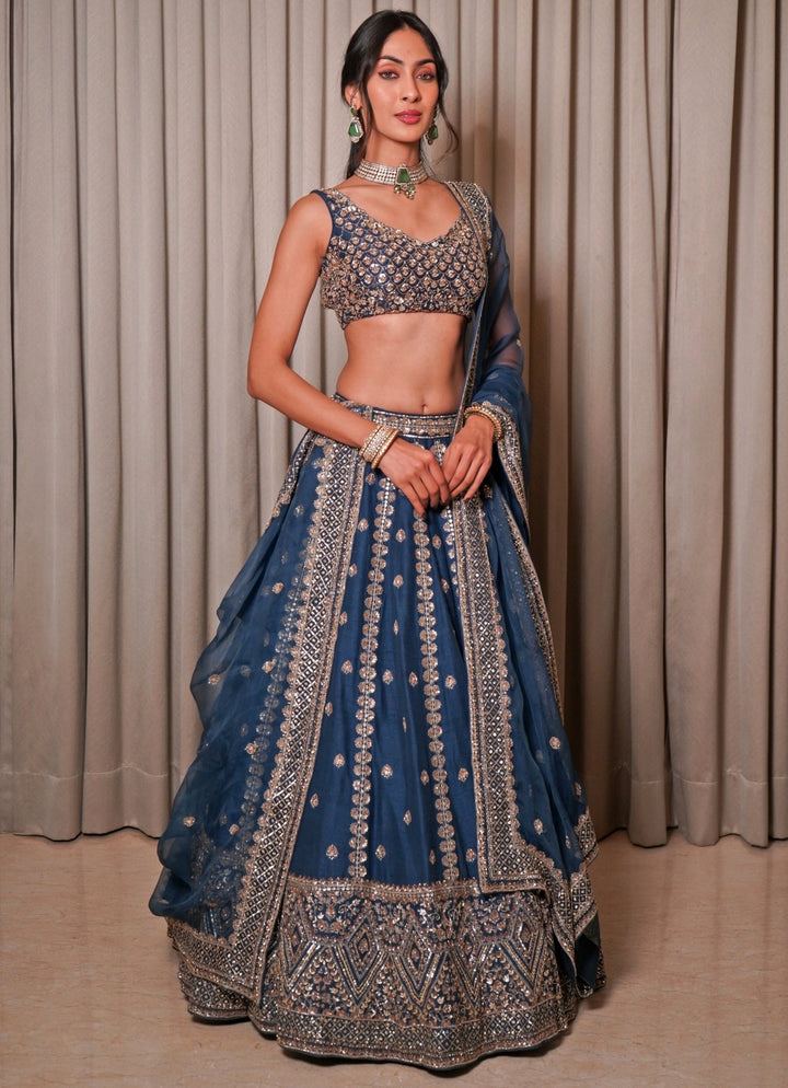 Teal Blue Embroidered Silk Lehenga Set Esha Koul - Fabilicious Fashion