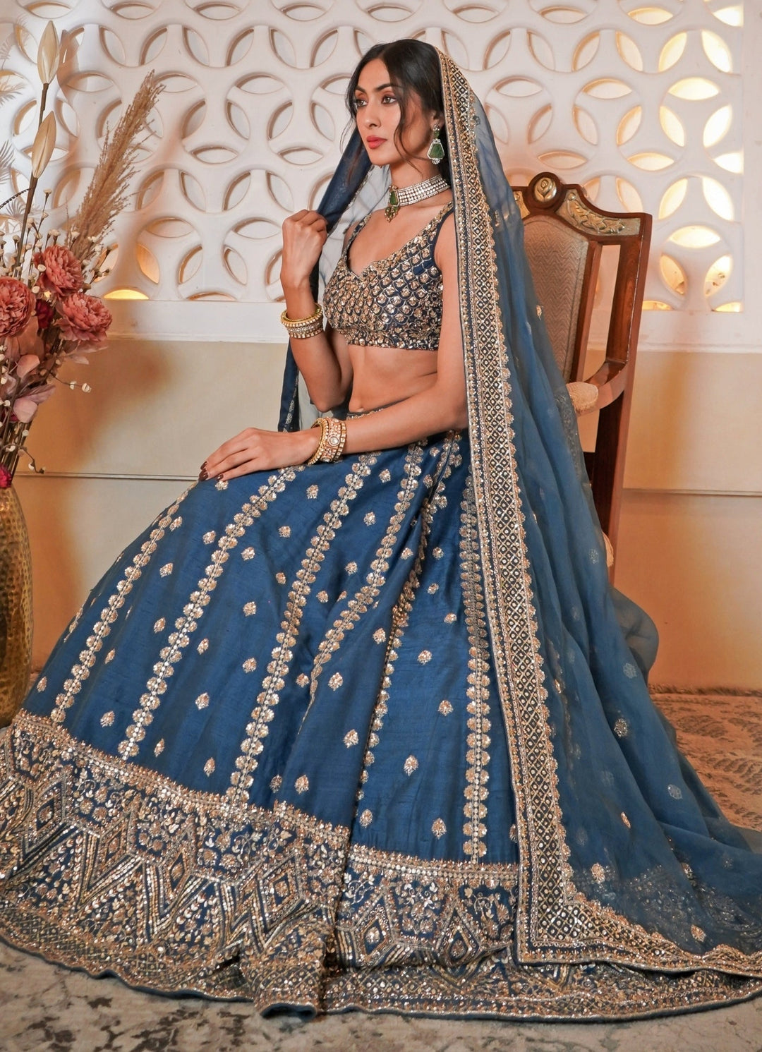 Teal Blue Embroidered Silk Lehenga Set Esha Koul - Fabilicious Fashion