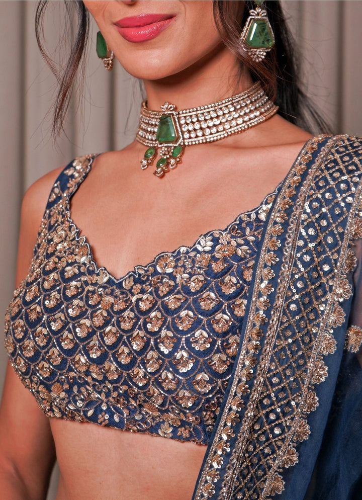 Teal Blue Embroidered Silk Lehenga Set Esha Koul - Fabilicious Fashion