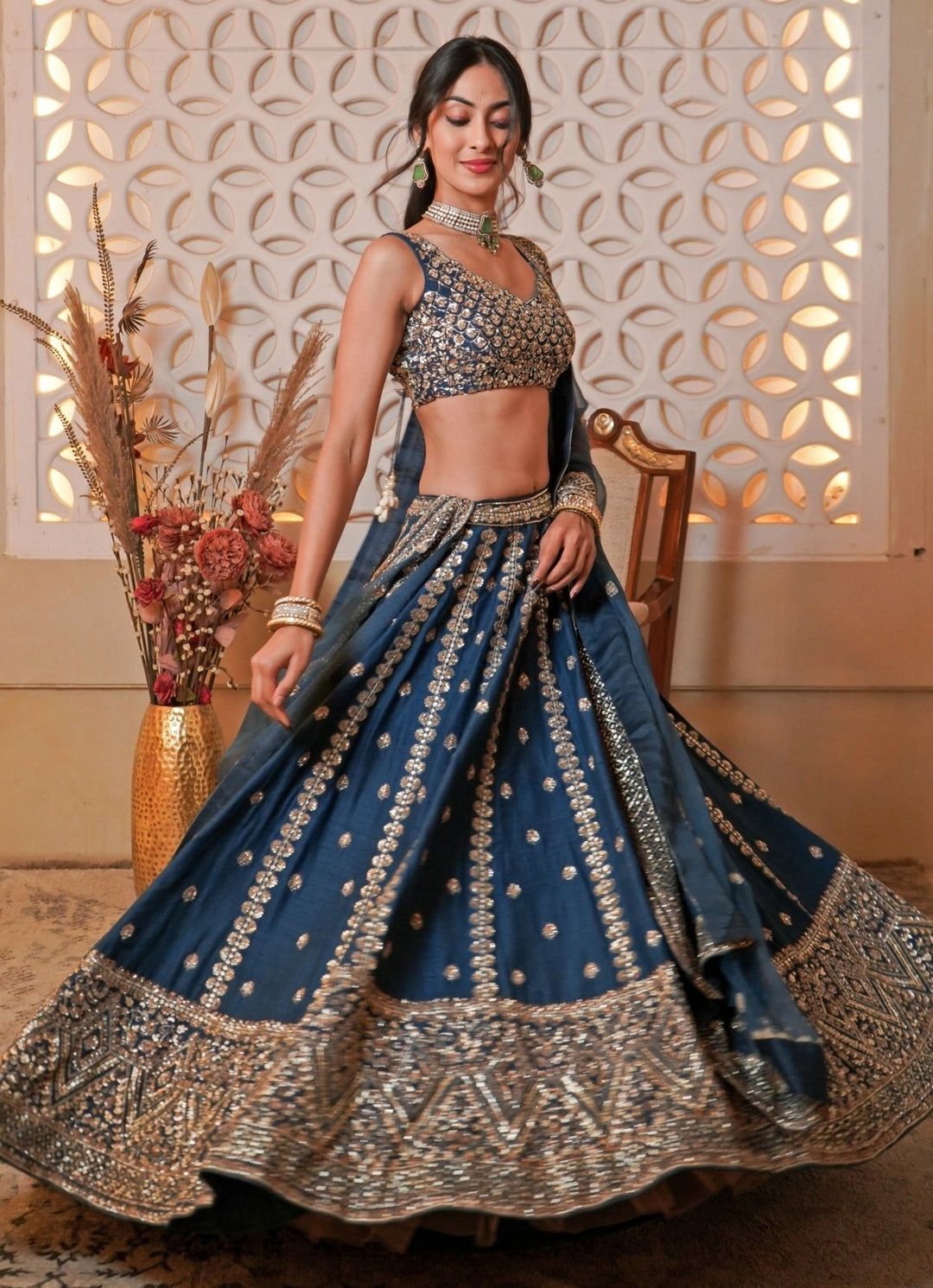 Teal Blue Embroidered Silk Lehenga Set Esha Koul - Fabilicious Fashion