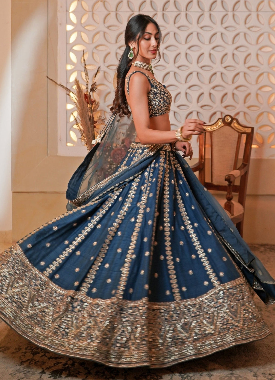 Teal Blue Embroidered Silk Lehenga Set Esha Koul - Fabilicious Fashion