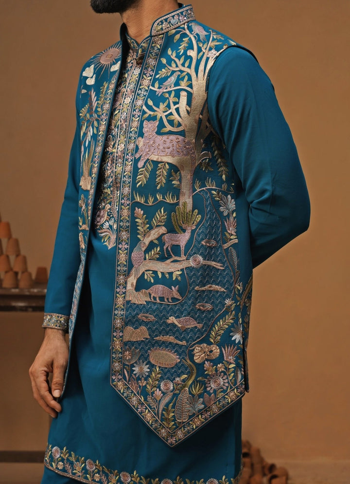 Kalpraag Teal Blue Georgette Nehru Jacket SetFabilicious Fashion