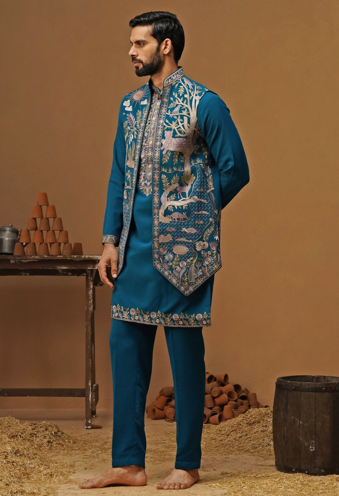 Kalpraag Teal Blue Georgette Nehru Jacket SetFabilicious Fashion