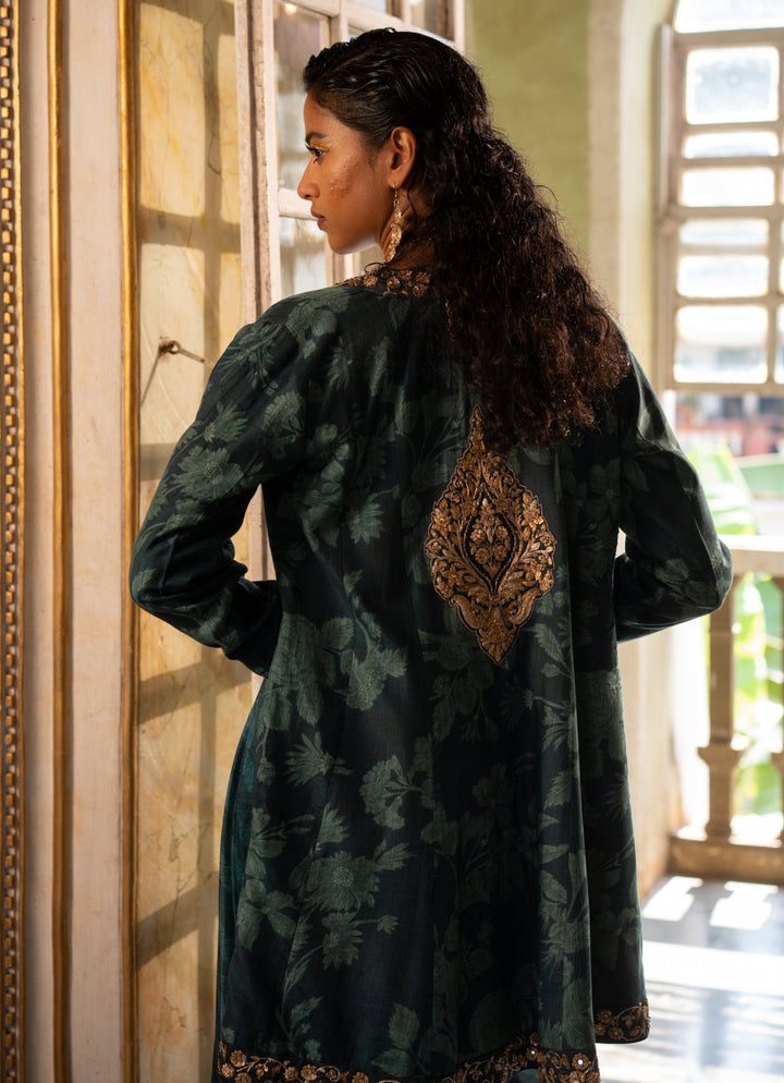 Teal Blue Printed Choga Jacket With Drape Skirt Paulmi and Harsh - Fabilicious Fashion