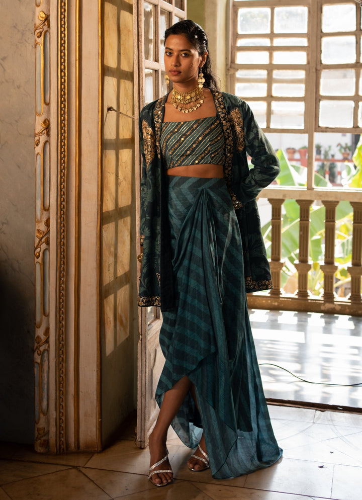 Teal Blue Printed Choga Jacket With Drape Skirt Paulmi and Harsh - Fabilicious Fashion