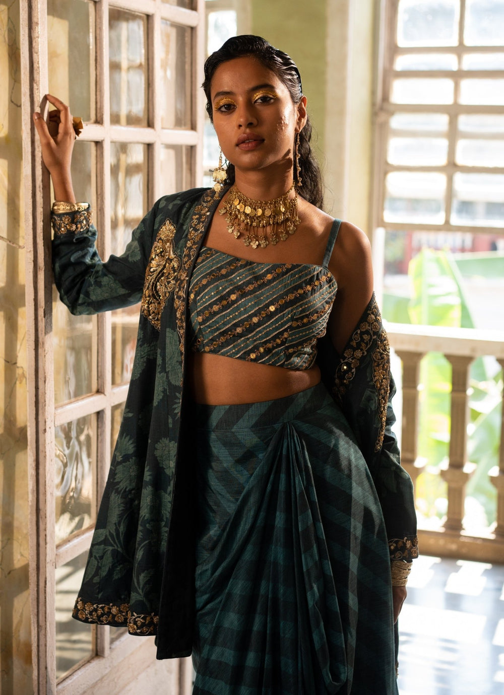 Teal Blue Printed Choga Jacket With Drape Skirt Paulmi and Harsh - Fabilicious Fashion