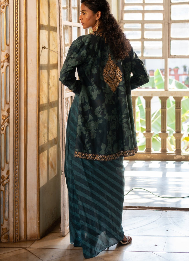 Teal Blue Printed Choga Jacket With Drape Skirt Paulmi and Harsh - Fabilicious Fashion