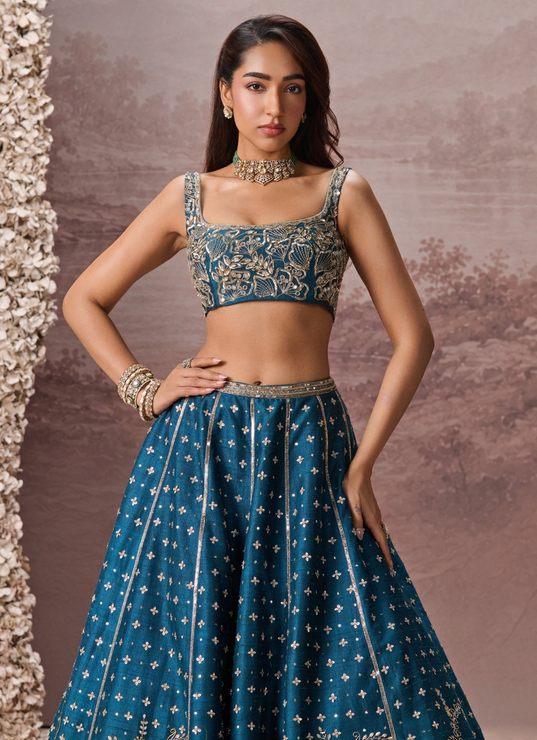 Parul Gandhi Teal Blue Raw Silk Embroidered LehengaFabilicious Fashion