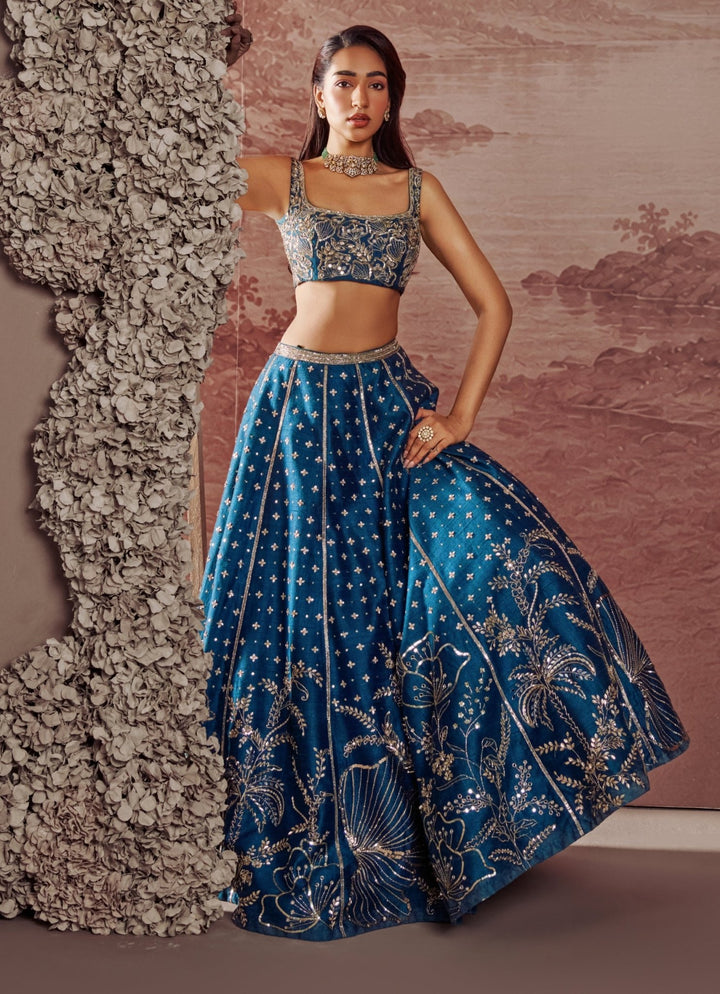 Parul Gandhi Teal Blue Raw Silk Embroidered LehengaFabilicious Fashion
